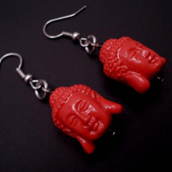 Earrings - Buddha Heads - Coral Color - Picture 2 of 2